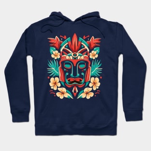 A graphic inspired by Polynesian tiki culture, featuring tiki masks, hibiscus flowers, and tropical motifs. Hoodie